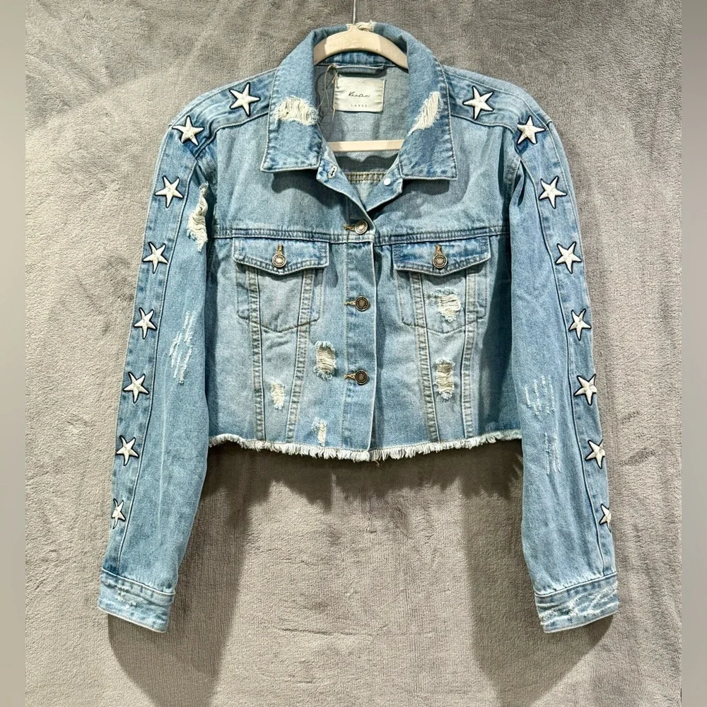 Kancan Stars Distressed Cropped Denim Jacket Women’s Size Large NWOT